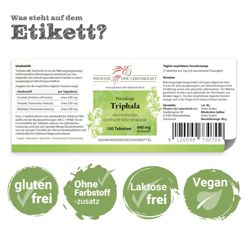 Triphala Tablets of 480 mg Active Ingredient (Triple Fruit, Haritaki,