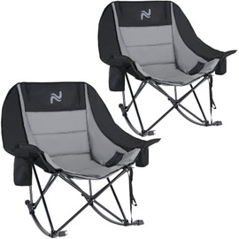 Oversized Rocking Camping Chair for Adults - 400lbs Capacity Heavy Duty Padded Recliner - Folding Lawn Chair with Cooler Bag and Pockets - Portable Rocker Chair Outdoor for Camp Patio Backyard