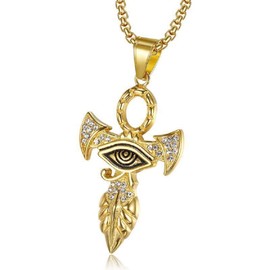 Eye of Horus Necklace for Men, Golden Ankh Cross Pendant Necklace with 22.8” Chain, Ancient Egyptian Pharaohs Horus Eye Necklace