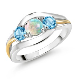 Gem Stone King 925 Sterling Silver and 10K Yellow Gold Round Cabochon White Opal and Swiss Blue Topaz 3 Stone Ring For Women (1.21 Cttw, Available In Size 5, 6, 7, 8, 9)