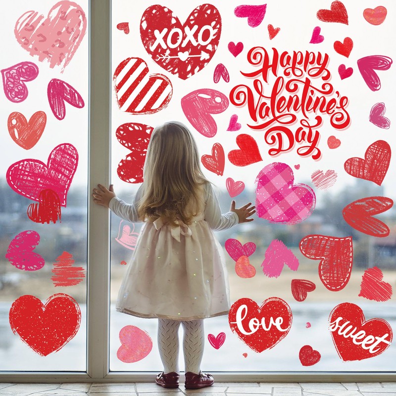 CUUSNNY Valentines Window Clings,Double-Sided Red Pink Hearts Happy Valentine's Day