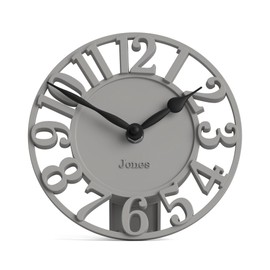 Jones Clocks® Ealing desk clock | Mini skeleton clock | Grey | Freestanding contemporary mantel clock with cut out numbers for shelf, table, mantel or bedside
