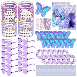 Rykeor Kpop 112 Pcs Disco Party Favors Set, Popular Singer Friendship Gift Kit with Birthday Bracelets, Sunglasses, Hair Scrunchies,Sequin keychains, Stickers, Straw, Gift Bags for 80s Y2K (purple)