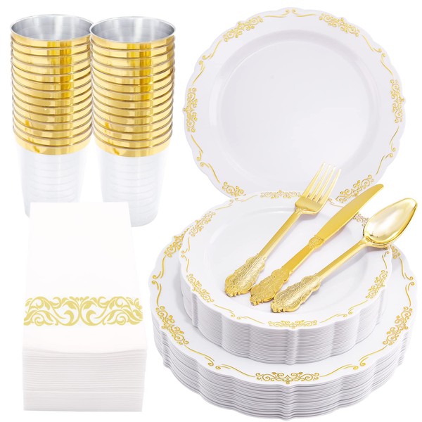 LIYH 210pcs Plastic Gold Dinnerware Set,White and Gold Plastic Plates,Gold Plastic Silveware,Gold Napkins,White Disposable Dinner Plates,Plastic Plates for 30 Guests