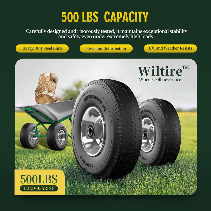 Wiltire (2 Pack) 4.10/3.50-4 Flat Free Tire and Wheel 10-Inch