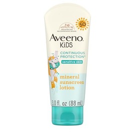 Aveeno Loción de Protección Solar Mineral de Óxido de Zinc de Protección Continua para Niños para Piel Sensible de Niños con Amplio Espectro SPF 50, Sin Lágrimas, Resistente al Sudor y Agua, No Grasa