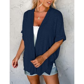 MEROKEETY Womens 2024 Summer Short Sleeve Lightweight Open Front Loose Casual Cardigan,Navy,XL