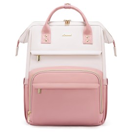 LOVEVOOK Leather Backpack for Women, 15.6 Inch Laptop Bag, Professional Work Tote for Nurse College Teacher, Computer Travel Purse, Beige White-Pink