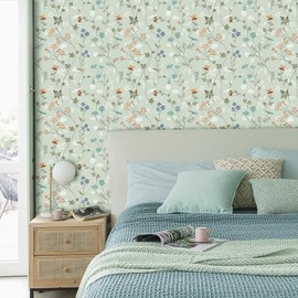 HLNIUC Sage Green Floral Wallpaper - Vintage Plants Flower Peel and Stick Wallpaper for Living Room and Cabinet - 17"X118"