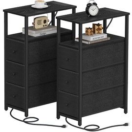 TUTOTAK Narrow End Table with Charging Station, Side Table with Plugins, Tall NightStand with 3 Fabric Drawer, Small Bedside Table with Storage, Set of 2, Living Room, Bedroom, Black TB01BK073
