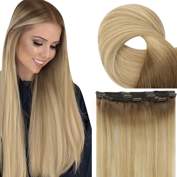 Fshine Balayage Real Hair Clip Extensions Blonde Ombre 45 cm Remy Clip-In Hair Extensions Light Brown to Dark with Platinum Blonde Full Head Double Weft Hair Extensions Clip 50 g / 3 Pieces #6/27/60