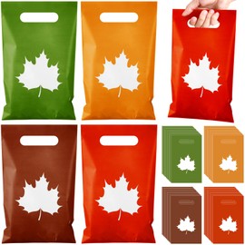 Epakh 100 Pieces Plastic Fall Gift Bags with Handle Autumn Treat Goodie Candy Bags with Maple Leaves Pattern for Fall Autumn Thanksgiving Party Favors Supplies Decoration