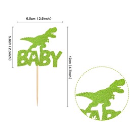 Ercadio - Paquete de 24 adornos de dinosaurios para cupcakes de bebé, diseño de dinosaurio, purpurina verde, para cupcakes de bebé, diseño de dinosaurio, baby shower, decoración de tartas