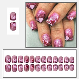 LBPEPAMZ Red Heart Press on Nails Short Square Fake Nails with Glitter Lover Heart Designs Pink Gradient Bling French Tips Acrylic False Nails Full Cover Glossy Stick on Nails for Women 24Pcs