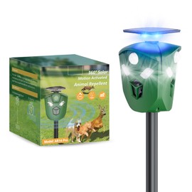 Solar Ultrasonic Animal Repeller Outdoor, 360° All Round Cat Deterrent Outdoor with 6 Flashing Lights and 3 PIR Sensors, Deer Repellent for Repelling Sankes, Raccoons, Cats, Dogs