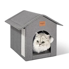 Love's cabin Cat House for Indoor/Outdoor Cats, Weatherproof Cat House with Fluffy Ball Hanging and Scratch Pad, Foldable Cat Shelter with Removable Soft Cushion