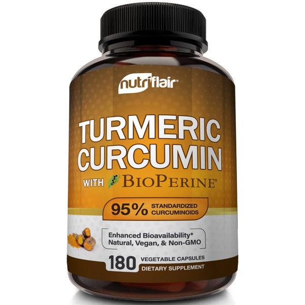 NutriFlair Turmeric Curcumin with BioPerine - 1300mg Turmeric Supplement, 95% Standardized Curcuminoids Extract with Black Pepper for Optimal Absorption - 180 Capsules
