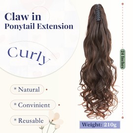 TESS 24'' Curly Ponytail Extensions, 210g Claw in Long Ponytail Extension, Hair Pieces for Women, Dark Brown to Auburn Brown