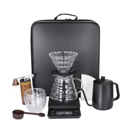 SOTECH Pour Over Coffee Maker Set, Coffee Kettle Scale, Coffee Dripper, Bean Grinder, Glass Server, Drip Cup, Filter Paper, All in 1, Traveling Camping Hiking(Manual Coffee Kit)