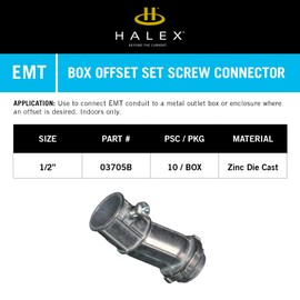 Halex – 1/2 Inch EMT to Box Set Screw Offset Connector – 03705B – 10 Per Pack