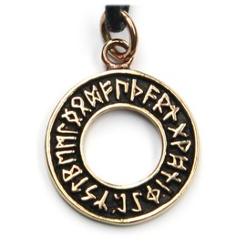 Runes Circle Bronze Pendant Necklace Jewellery, incl black cotton sting, Pendant total length: 3.5cm