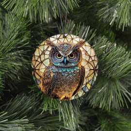 Owl Christmas Ornament - Faux Stained Glass Embossed Design Effect - 2024 Acrylic Disc Decoration For Tree - Unique Bird Gifts and Home Decor