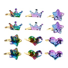12Pcs Heart Shaped Sequins Hair Clips for Creative Rainbow Gradient Hairpins Cute Crown Star Design Hair Accessories