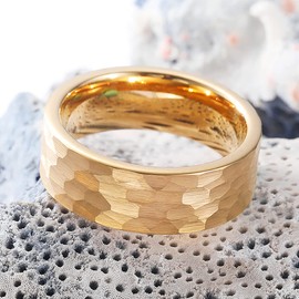 King Will 8mm Hammered Tungsten Rings for Men Women Gold Brushed Engagement Mens Wedding Band Comfort Fit 14