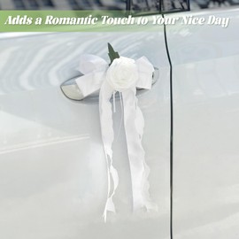 6PCS Wedding Car Door Handle Flowers, White Artificial Cars Rearview Mirror Bouquet Flower Bowknot Ribbon Decors, Just Married Automotive Decoration Accessories for Door Handles and Rearview Mirrors