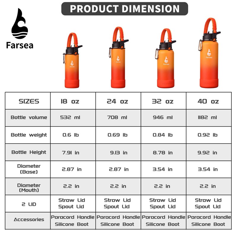 Farsea Insulated Water Bottle (18 oz, Orange/Red)