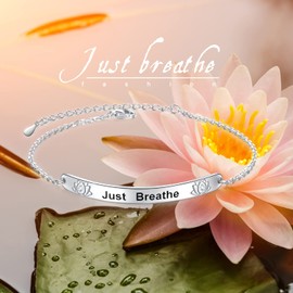925 Sterling Silver Just Breathe Bracelet for Women for Anxiety Stress Relieving Lotus Flower Charm Bracelets for Teenage Girls Yoga Fans Inspirational Cuff Bangle, Sterling Silver, Cubic Zirconia