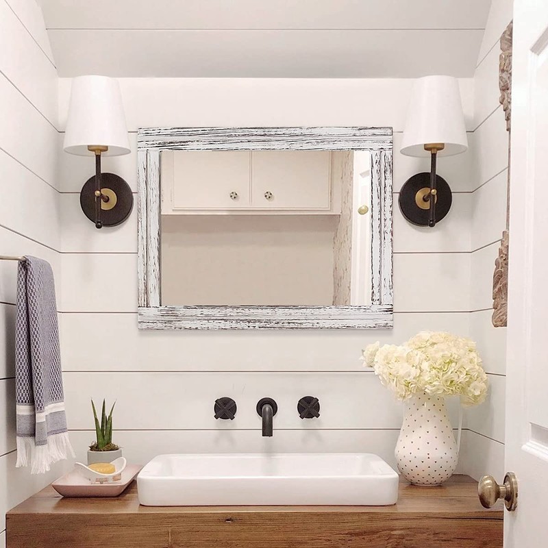 AAZZKANG Rustic Wall Mirror Rectangle Wood Framed Mirrors Large 20"x16"