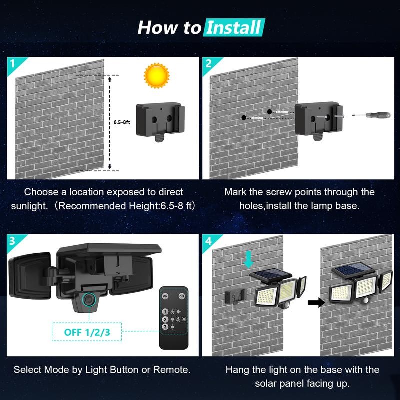 Tuffenough Solar Outdoor Lights 2500LM 210LED Security Lights,3 Heads Dimmable