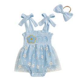 LYSINK Baby Girl 1st Birthday Outfit Sleeveless One Letters Tie-Up Tulle Romper Dress with Bow Hairband Infant Summer Clothes (Bg Blue, 12-18M)