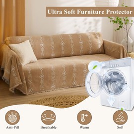 VClife Sofa Cover Boho Couch Cover Throw for Dog, Non Slip Couch Cover for 2 Cushion Couch Sofa Pet Friendly Furniture Protector, Aesthetic Sofa Couch Covers Love Seat Cover, Khaki White, 71"x118"