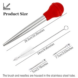 Turkey Baster Syringe for Cooking, Large Stainless Steel Meat Injector, with Cleaning Brush and 2 Marinade Needles, Red