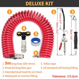 iBroPrat Air Blow Gun Kit,Heavy Duty Air Seat Blow Gun Kit for Semi Truck Air Hose with 30FT (9M) Long Coil and Extended Dual Head Tire Air Chuck Red