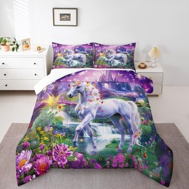 Manfei Unicorn Kids Comforter Set Full Size,Glitter Starry Sky Castle Dreamy Bedding Set,Girls Women Room Decor,Butterfly Flowers Cute Animal Down Comforter,Purple White Duvet Insert,2 Pillowcases