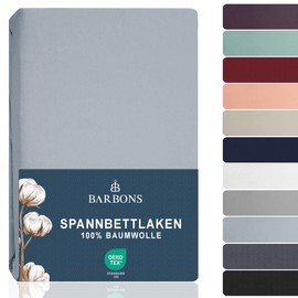 BARBONS Fitted Sheet 160 x 200 cm, 100% Cotton Fitted Sheet, OEKO-TEX Certified Bed Sheet, Jersey Bedding and Duvet Cover for Box Spring Bed and Thick Mattresses up to 25 cm, Light Blue