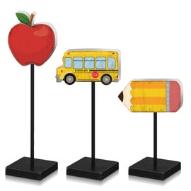 Tiangrid 3 Pcs Welcome Back to School Desk Sign Bus Pencil Apple Wooden Standing Table Top Home Decor Desktop Centerpiece Back to School Season Theme for Home Farmhouse Kitchen Decor