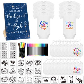 SytuHete 69 Pcs Baby Bib Bodysuit Set - Baby Shower Game Sign, Feeder Bib, Newborn Bodysuit, Fabric Marker