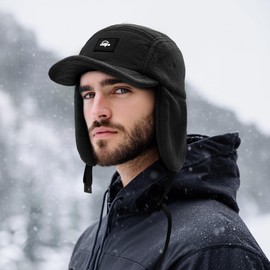 Croogo Black Bomber Hat Winter Trapper Hunting Hat Earflaps Baseball Cap with Flat Bill Warm Ski Hat Ushanka Hats,Black-APL2
