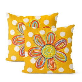 Mustard Yellow Pillow Covers 20x20 Inch 2 Pcs Colorful Floral Summer Outdoor Decor Throw Pillows Polka Dots Flower Farmhouse Holiday Decoration Pillowcase Linen Cushion Cover for Couch Sofa