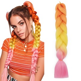 S-noilite Rainbow Jumbo Braiding Hair Extensions Colorful Braide Hairpiece for Box Twist Braids,24 inch 1pc 100g,Long Ombre Crochet Synthetic Hair,Orange to Yellow to Pink