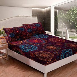 Hippie Mandala Bedding Set Boho Mandala Fitted Sheet for Kids Boys Girls Teens Colorful Bohemian Style Bed Sheet Set Decorative Exotic Floral Printed Bed Cover Room Decor King Size