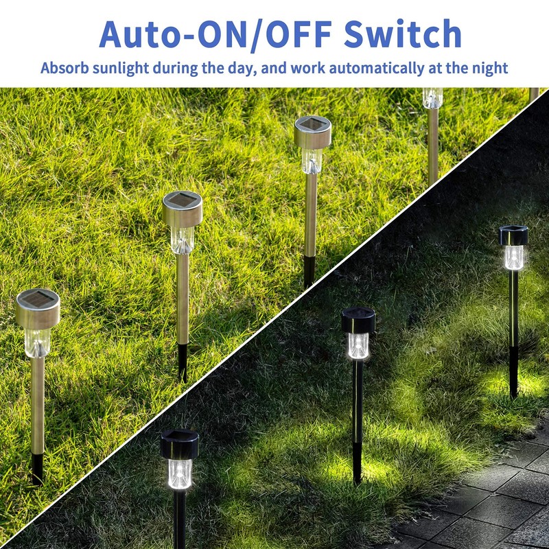 GIGALUMI Solar Pathway Lights, Stainless Steel IP44 Waterproof Auto On/Off