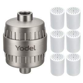 Yodel Shower Filter with 6 Cartridge Brushed Nickel - Hard Water Softener, 99% Removes Chlorine & Impurities, Improves Skin & Hair Condition, Universal Fit for Shower Heads
