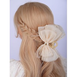 Jumwrit Big Bow Hair Claw Clip Strong Hold Large Bowknot Shark Hair Clip Shiny Rhinestone Chiffon Acrylic Hair Clamp Barrette Thick Hair Claw Jaw Clip Hair Accessories for Women and Girls (White)