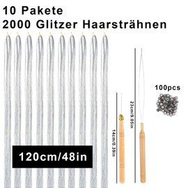 2000 Hair Tinsel, 120 cm Glitter Hair Strands with Tool, Glitter Strands for Hair for Women Children Cosplay Party Accessories, Silver Hair Tinsel Set, Girls & Children Hair Tinsel