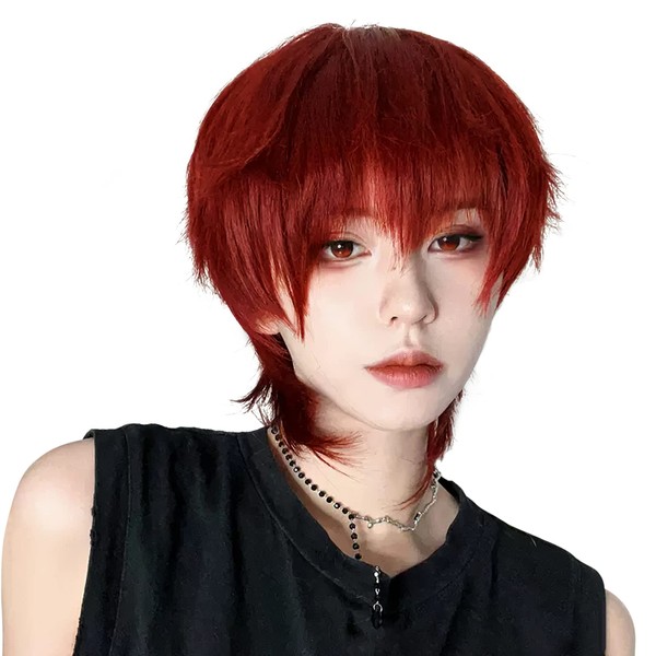 ARZER Wig, Wolf-cut Wig, Men's Full Wig, Short, Men's Clothing, Harajuku, Handsome, Stunning, Natural, Small Face, Heat Resistant, Fashion, Unisex, School Festival, For Photography With Net (Capper Red)